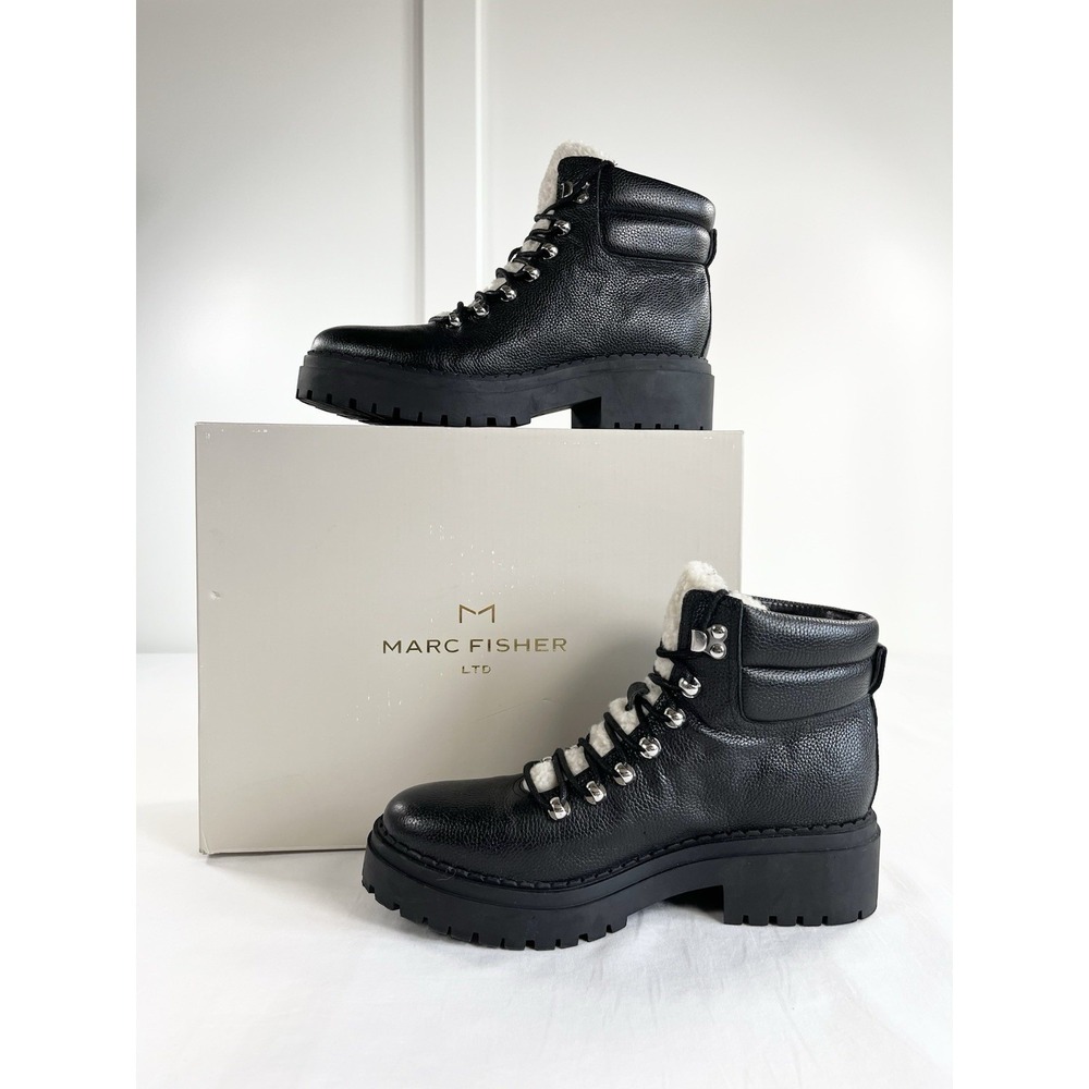 Marc Fisher Nairy Black Leather Shearling Lug Sole Hiking Boots Womens 10 New